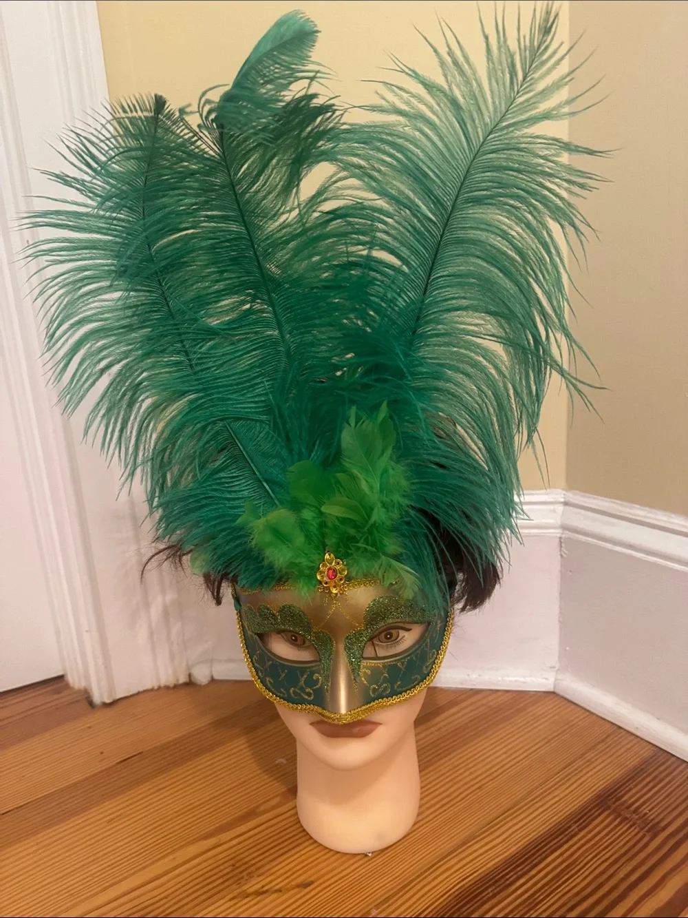 Mardi Gras green gold feather mask